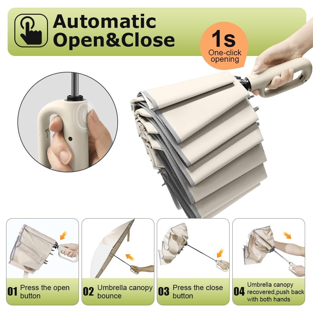 PALAY Large Umbrella for Travel with 50 in Canopy and Carabiner Handle | Beige UV Protection