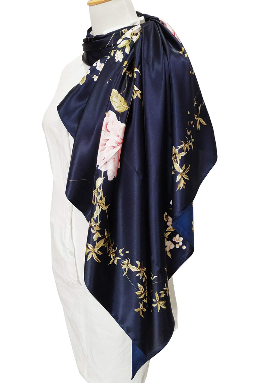PALAY Square Scarf for Women with 35 x 35 in Size and Satin Silk Like Fabric in Navy Blue