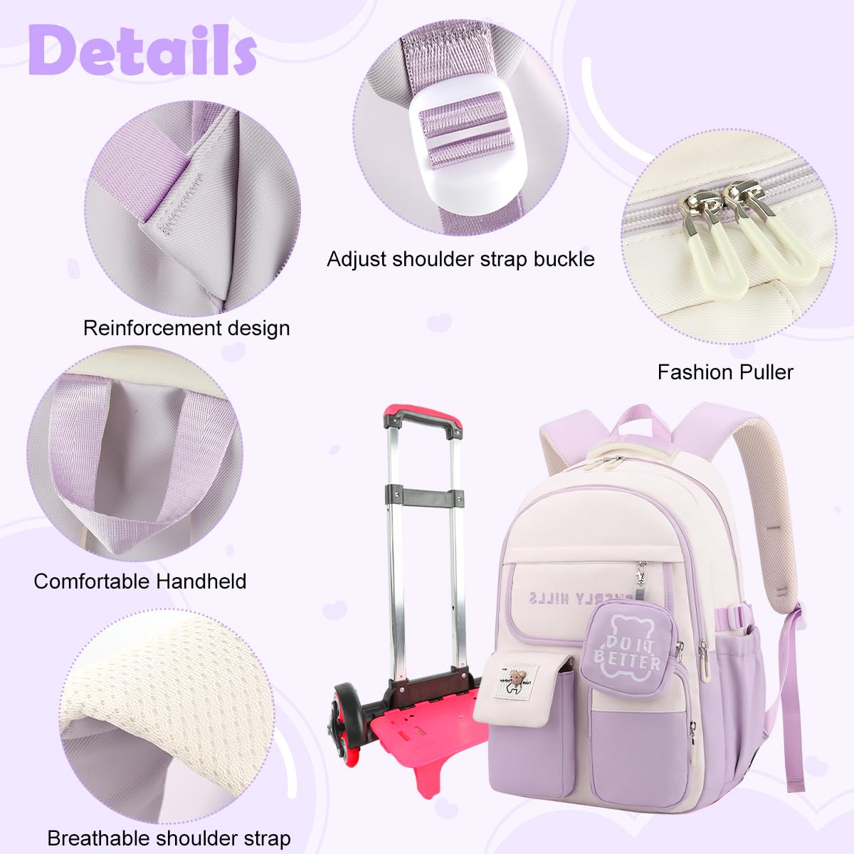 PALAY School Backpack with Wheels for Girls featuring 6 Wheel Metal Trolley and Retractable Handle