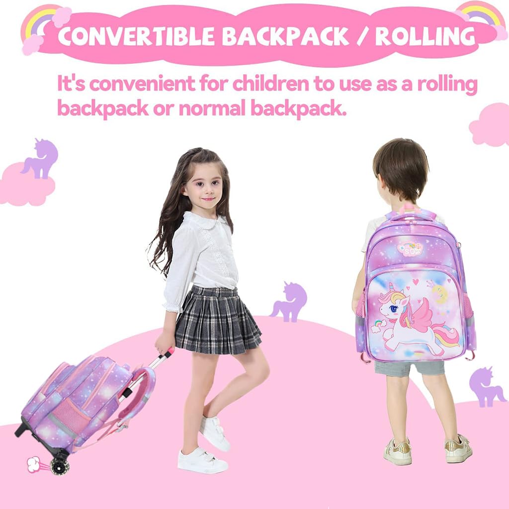 PALAY® Unicorn Print School Backpack for Girls Travel BackPack for Girl School Bag on Wheel Detachable Wheel Stand Gift School Bag for Girls Primary Student