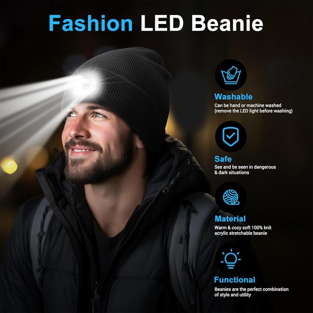 PALAY® Winter Cap for Men Women Illuminated Beanie Cap with Forehead Lamp USB Rechargeable