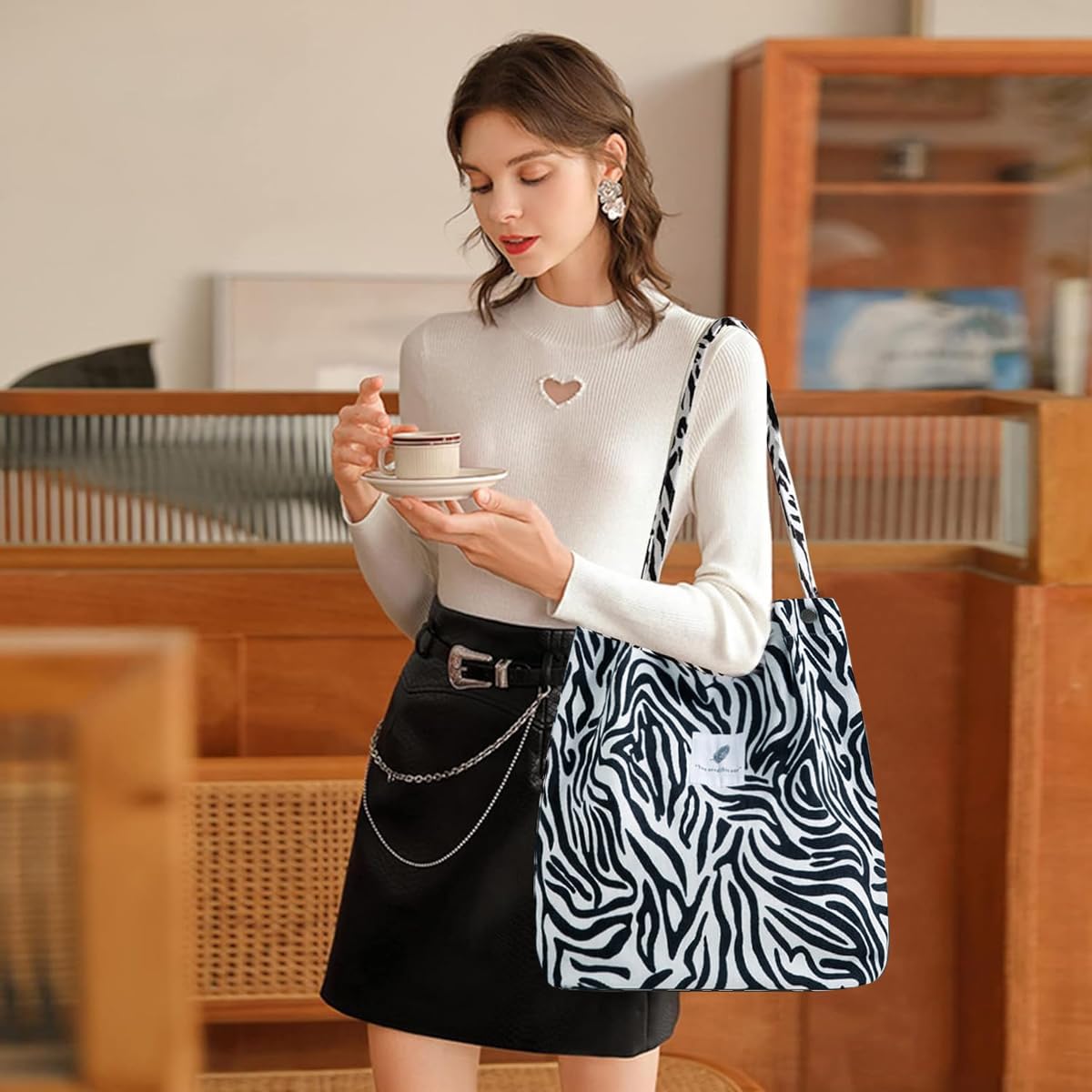 PALAY® Tote Bag Corduroy Fashion Zebra-stripe Print Color Hand Bag for Women Shoulder Bag for Shopping, Commuting, Shopping Bag, Large Grocery Bag