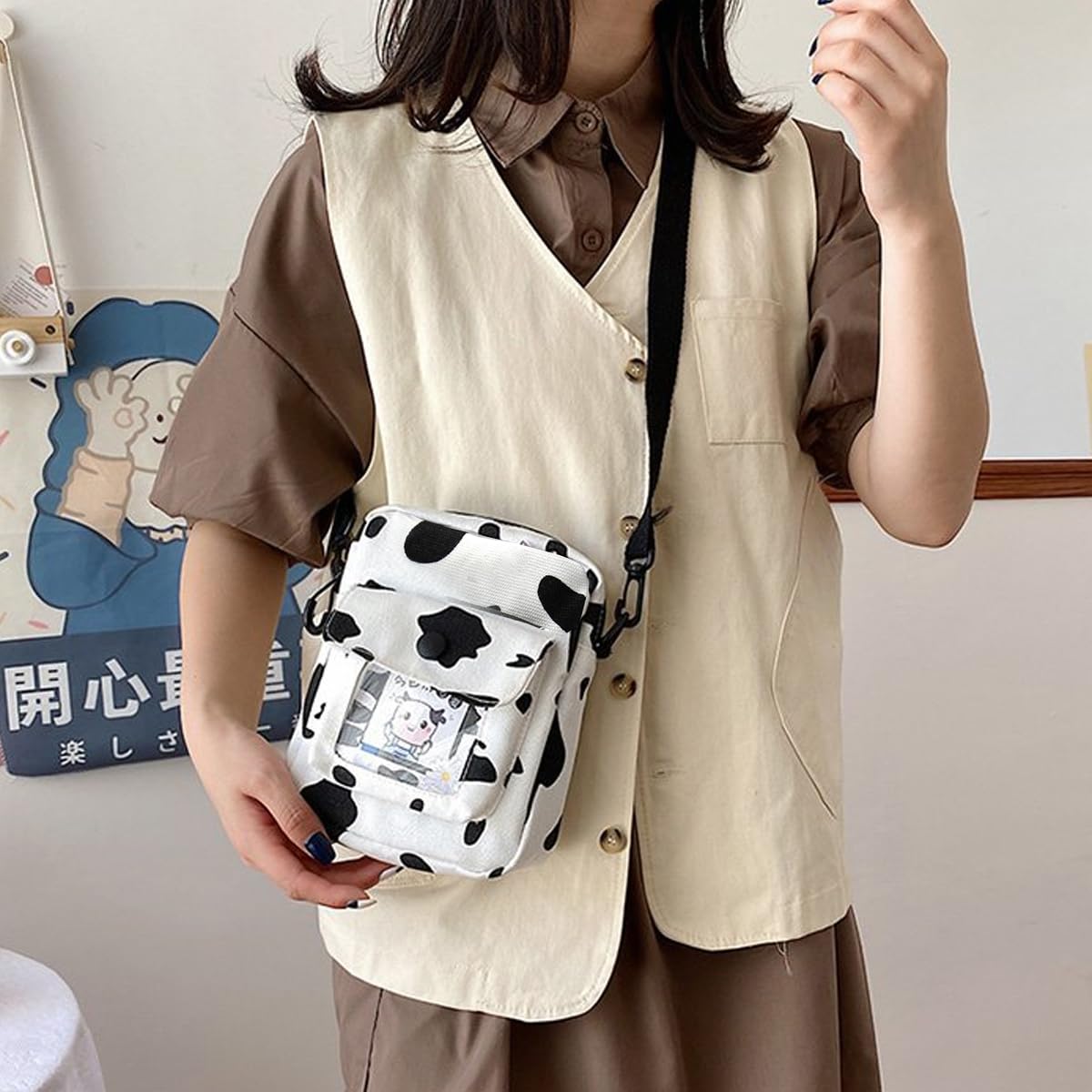 PALAY Canvas Crossbody Bag for Girls with Transparent Window Pocket 15x18cm | Black