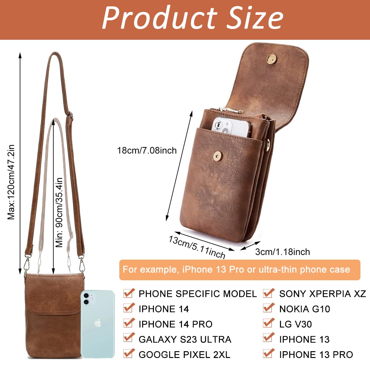 PALAY Crossbody Phone Bag for Daily Travel with Multi Zipper Pockets and 5x7.8 in Size | Vintage Brown PU Leather Mini Purse