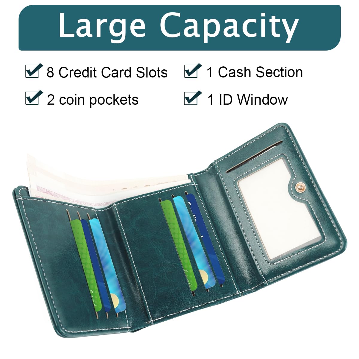 PALAY Small Wallet for Women with 8 Card Slots and RFID Blocking | Vintage Turquoise PU Leather Trifold Purse