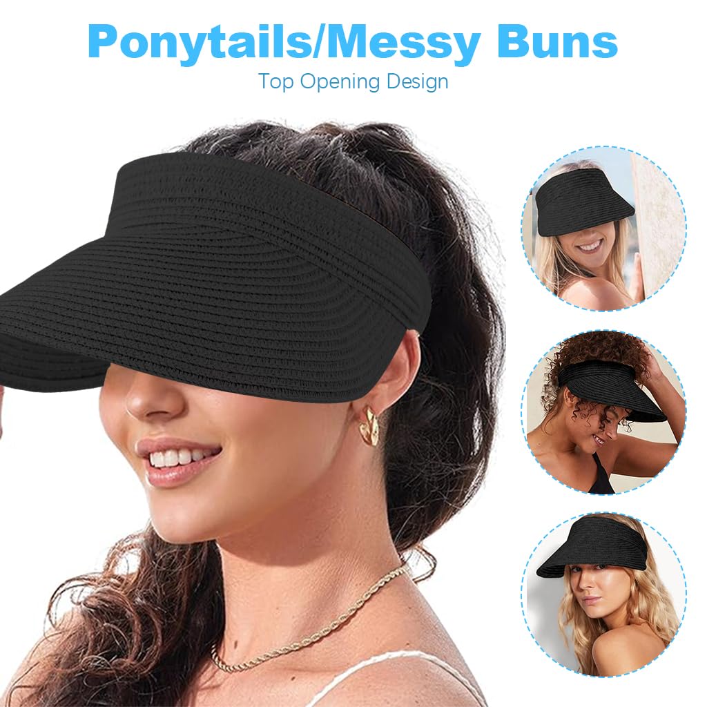 PALAY Womens Sun Straw Hat for Beach and Travel with UPF 50+ Wide Brim | Black Summer Visor
