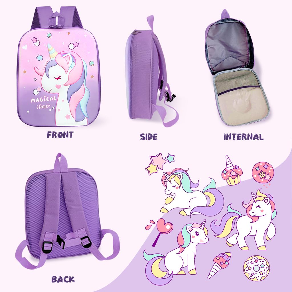 PALAY Kindergarten Backpack for Girls with 26x32 cm Size and Padded Straps | Purple Waterproof Unicorn Design