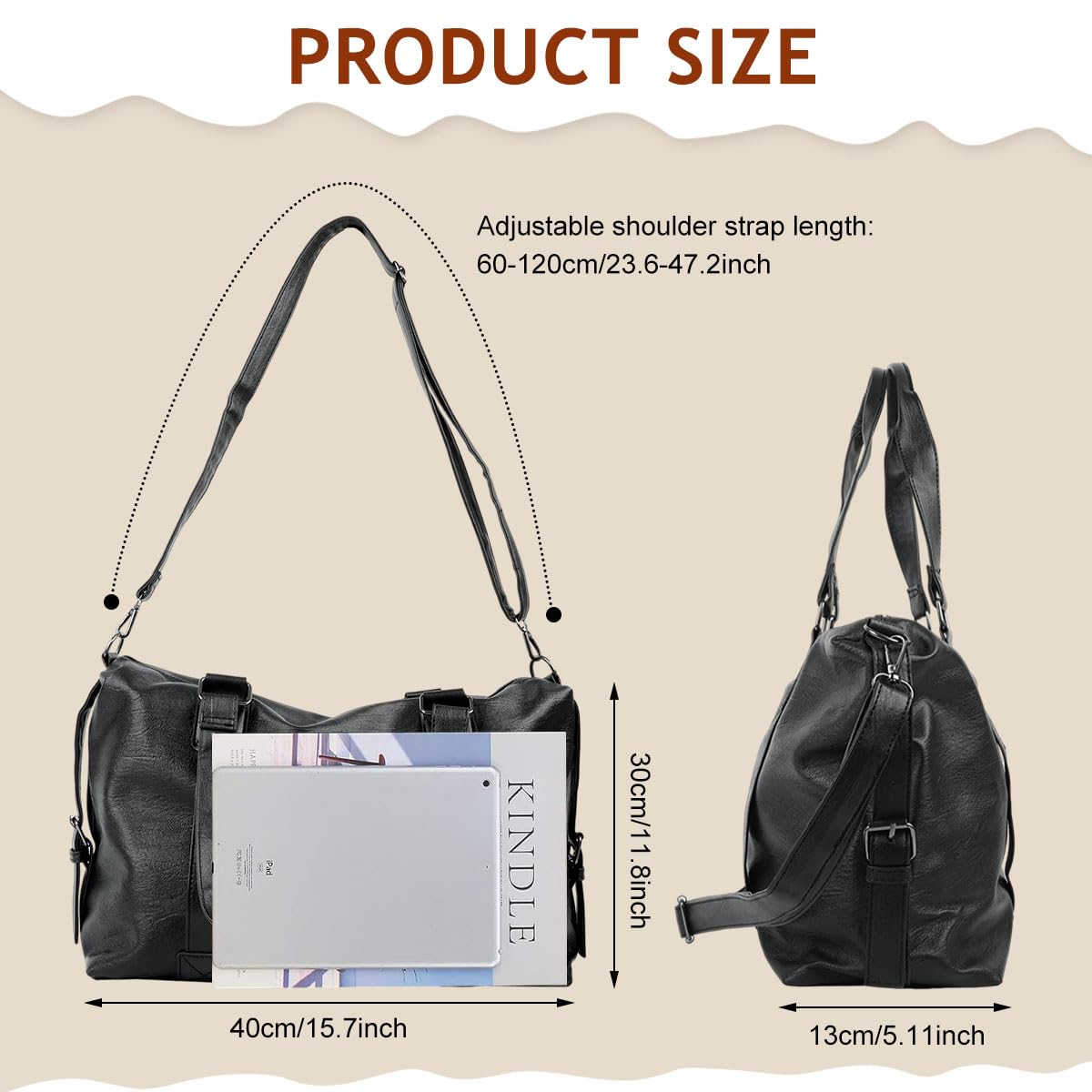 PALAY Travel Bag for Women 40x14x30cm with Multi Pockets and Detachable Shoulder Strap | Black PU Leather Gym and Crossbody Use