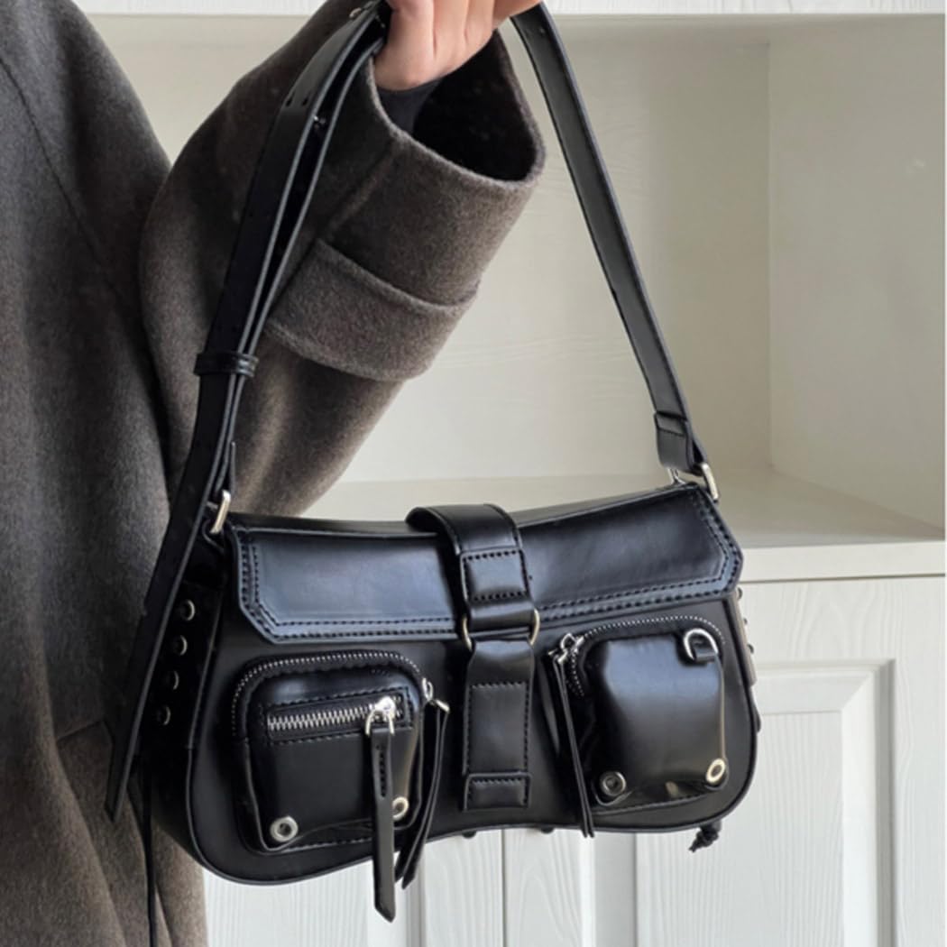 PALAY Shoulder Bag for Women 27x7x16 cm with Braided Sides and Metallic Eyelets | Black PU Hobo
