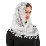 PALAY Mass Veil for Women featuring Triangle Lace Shawl with Embroidered Roses and Tassel Hem | White Church Head Covering