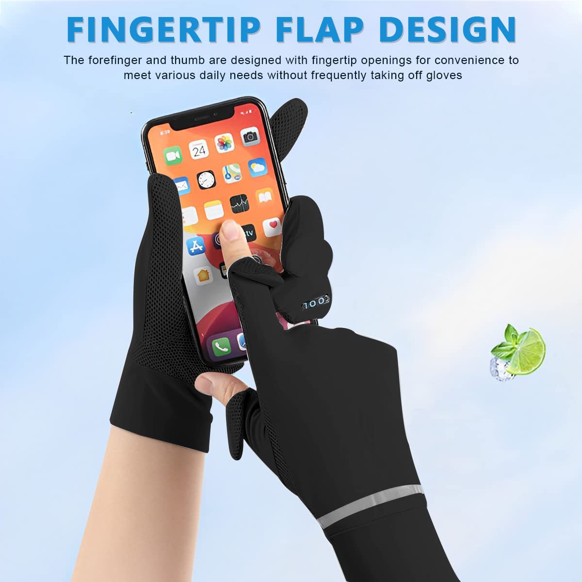 PALAY Women Riding Gloves for Summer with Open Fingertip Design and UPF 50 UV Protection | Ice Silk Mesh Breathable Black Gloves 23cm