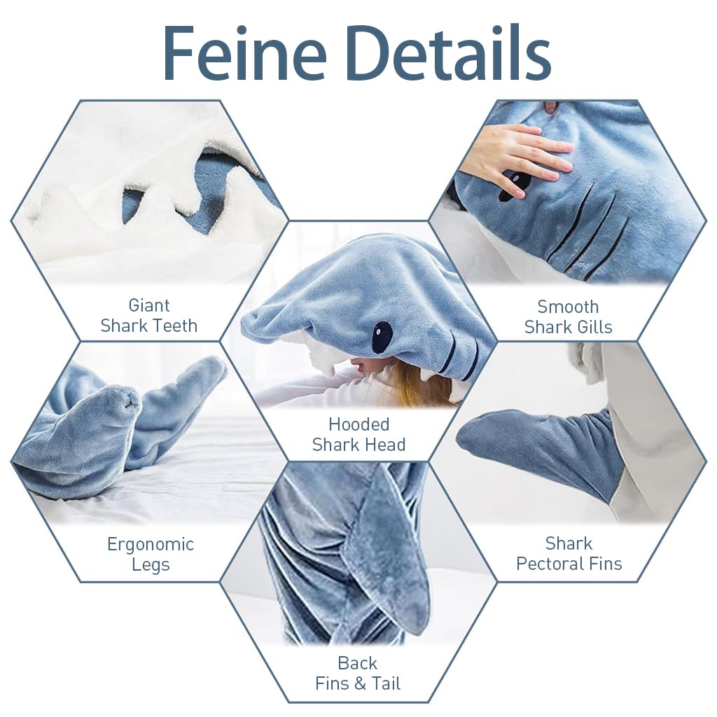 PALAY® Shark Blanket Pajamas for Girls and Boys Teen Soft Fleece Blanket Warm Plush Shark Wearable Blanket Hoodie Onesie Shark Sleeping Bag Pajamas Party Halloween Costumes - M