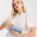 SANNIDHI® Women's PU Leather Long Wallet with Leaf Pendant Card Holders Phone Pocket Girls Zipper Coin Purse (Blue)