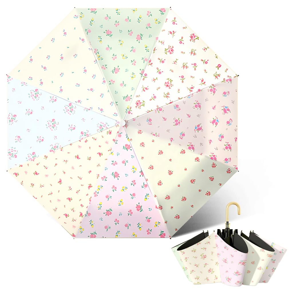PALAY® UPF50+ UV Protection Folding Umbrella, Compact Auto Open Sun & Rain Umbrella for Women Floral Design Windproof Travel Lightweight Portable Handbag Size with Curved Handle (Pink)