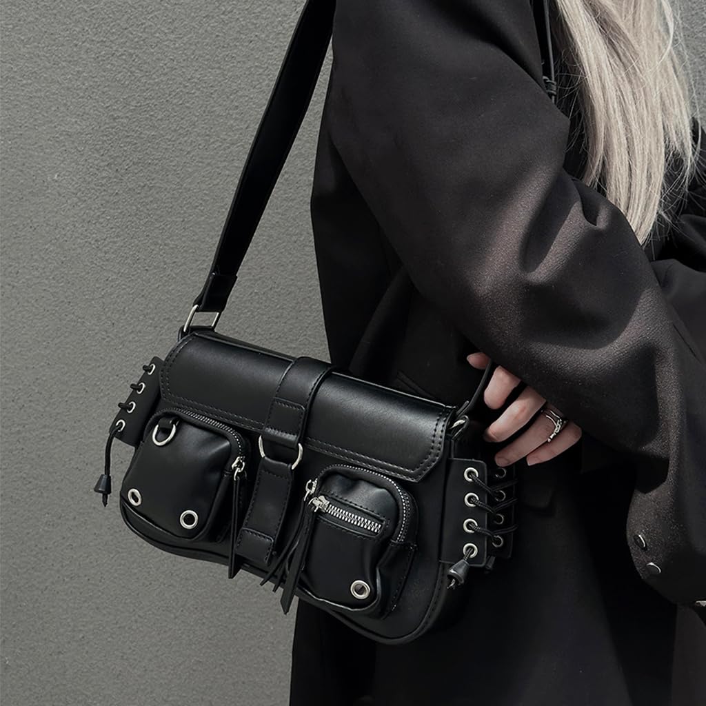 PALAY Shoulder Bag for Women 27x7x16 cm with Braided Accents and Metallic Eyelets | Black PU Hobo