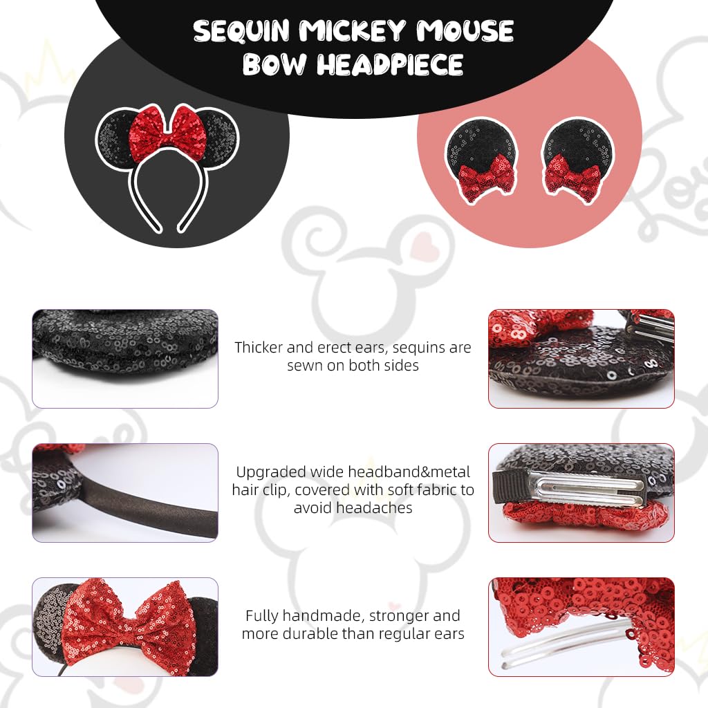 PALAY Mickey Mouse Hair Band for Girls with Shiny Bow & Ears Clips | Party Accessory