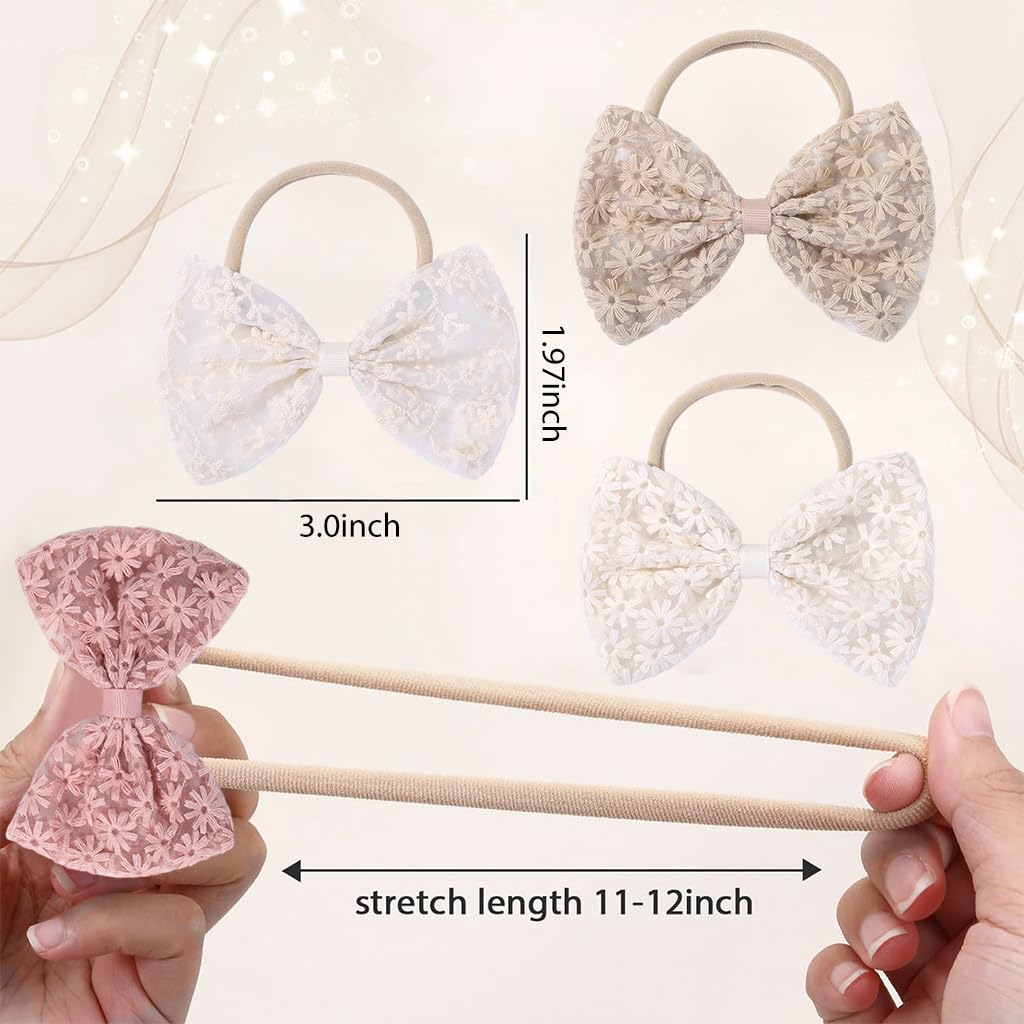 PALAY Hair Bands for Baby Girls with Embroidery Daisy Bows 8PCS Set for Newborns | Soft Nylon Handmade Accessories