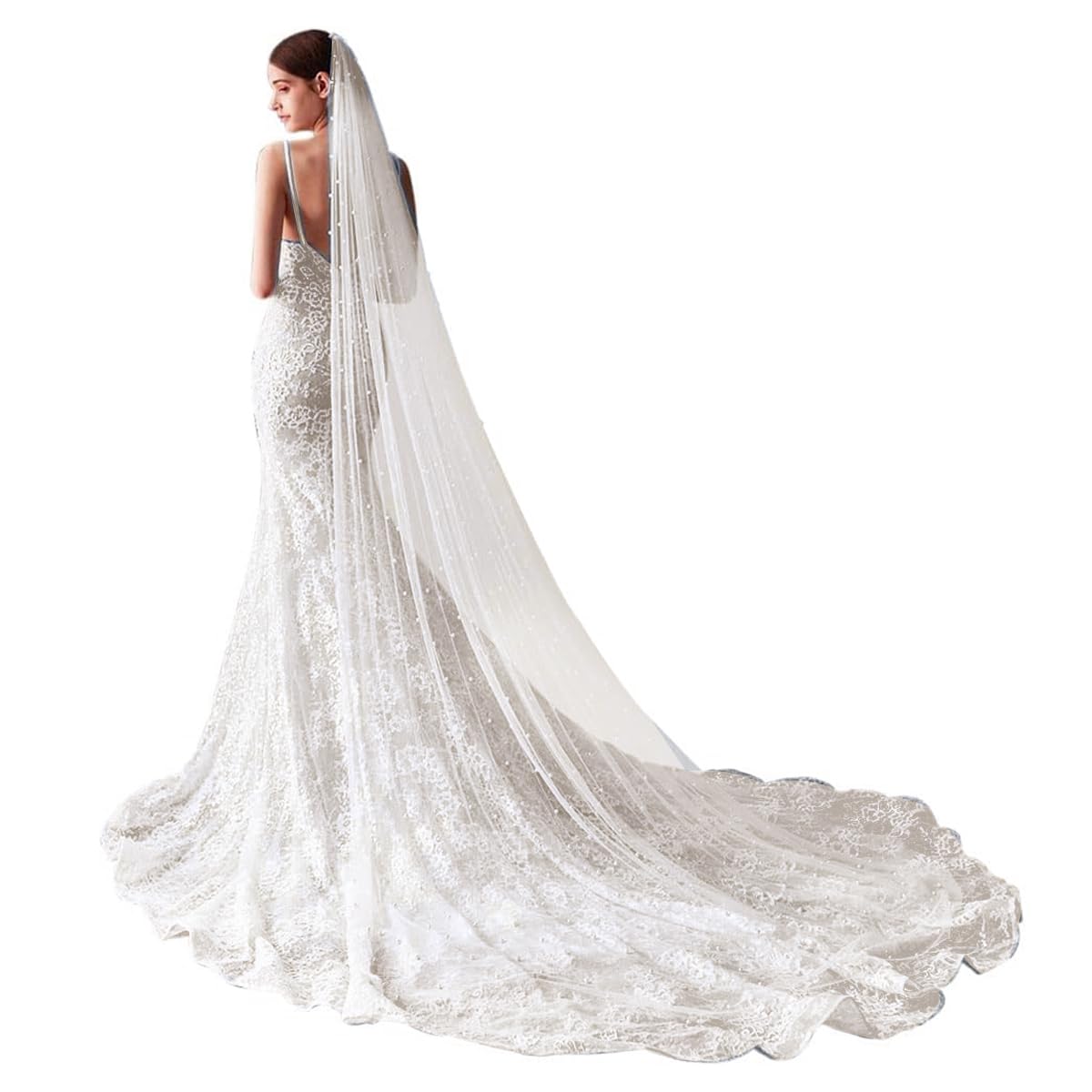 PALAY Bridal Veil for Wedding with Alloy Comb and Pearls 2.3m Pure White Lace | Women's Headwear