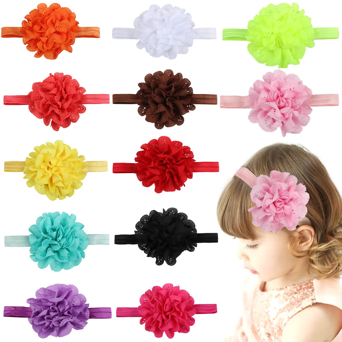 PALAY Headband for Baby Girl with Stretchy Chiffon Flower Design 12 Pack | Soft Hair Accessory Set