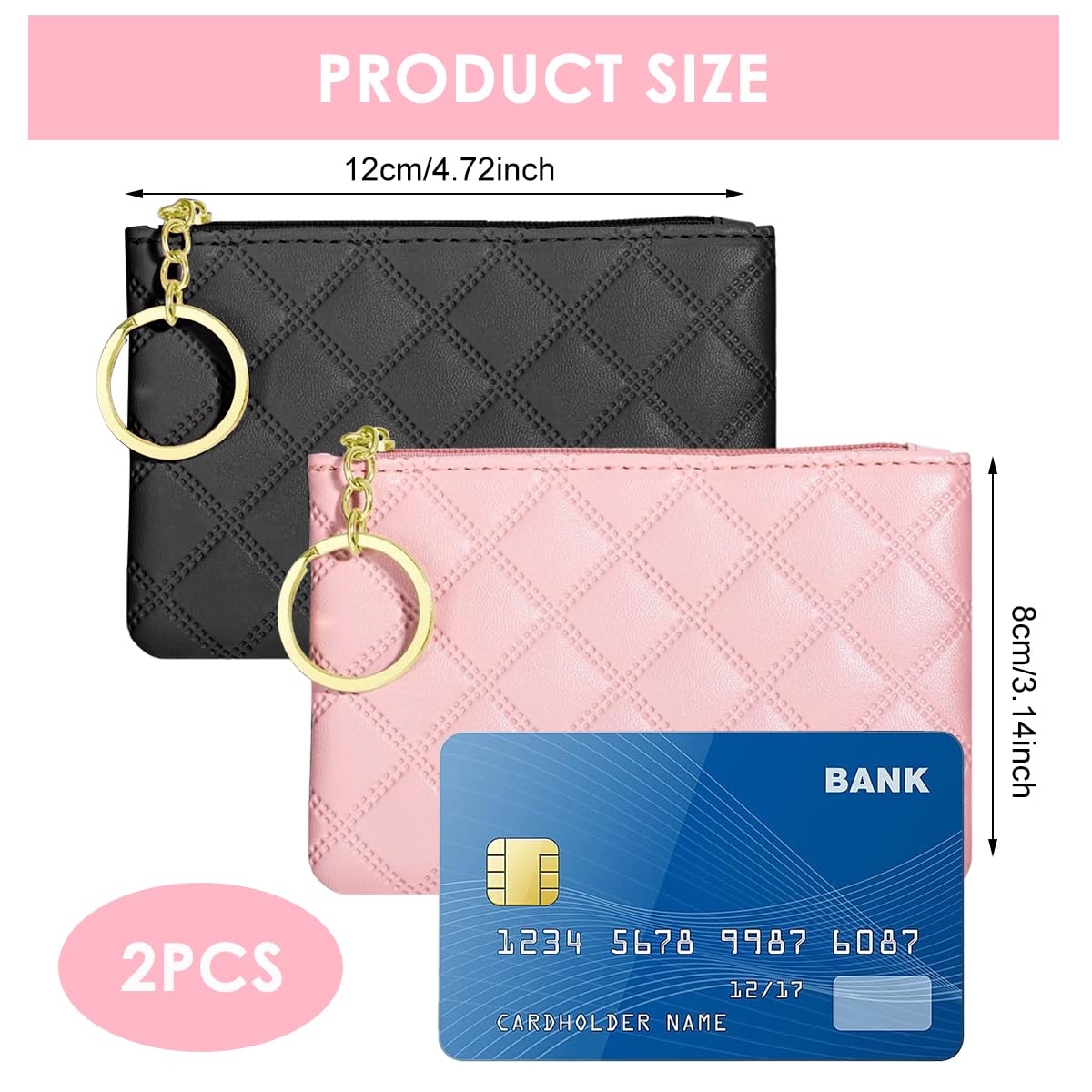 PALAY Small Coin Purse 2Pcs for Daily Use with Metal Keyring and 12x9cm PU Design | Pink and Black