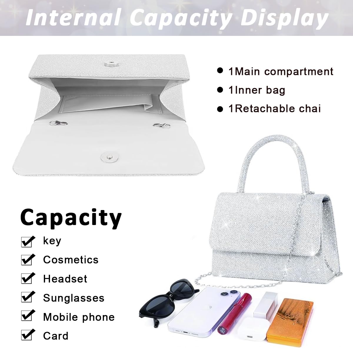 PALAY® Clutch Bag for Women Fashion Evening Bag Sparkling Silver Tote Bag Handbag for Women with Detachable Chain Top Handle Evening Clutch Bag, Elegant Crossbody Bag Chain Bag Handbag