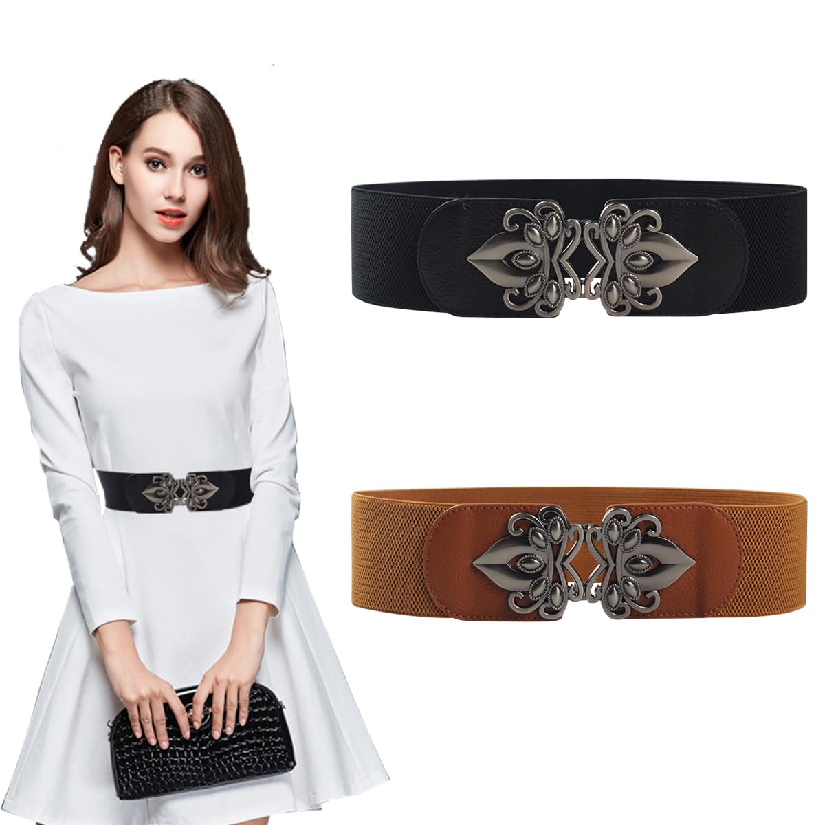 PALAY Belt for Women featuring 2.3 in Wide Elastic Waist Design with Retro Interlocking Buckle | Black and Brown Set