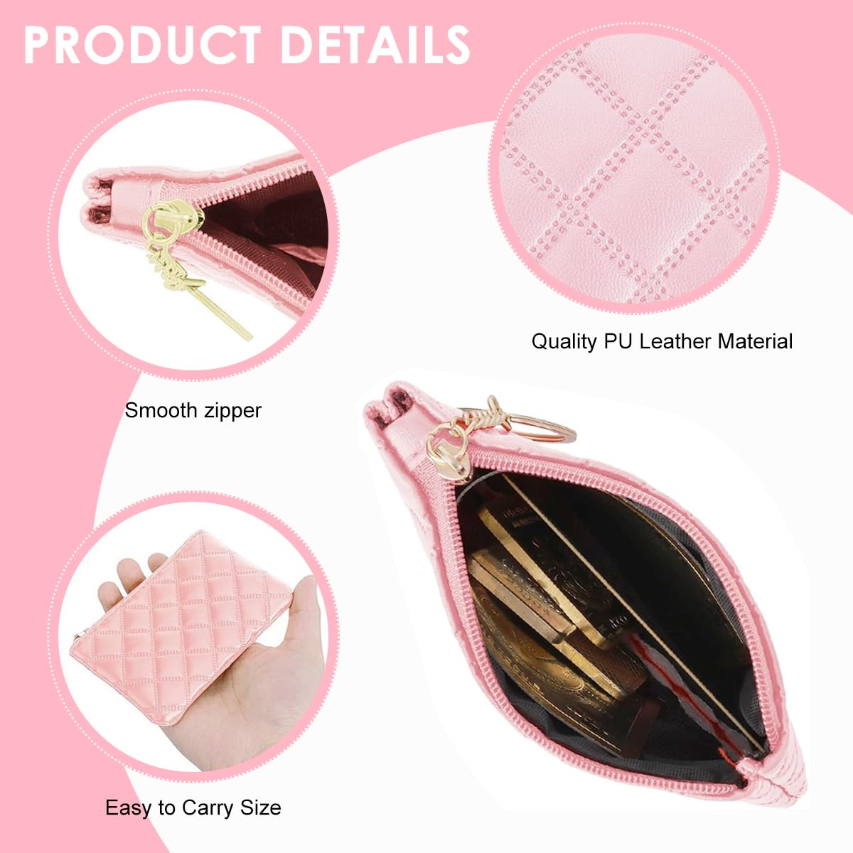 PALAY Small Coin Purse 2Pcs for Daily Use with Metal Keyring and 12x9cm PU Design | Pink and Black