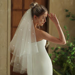 PALAY Bridal Veil for Brides featuring White Short Design with Pearl and Rhinestone Detail