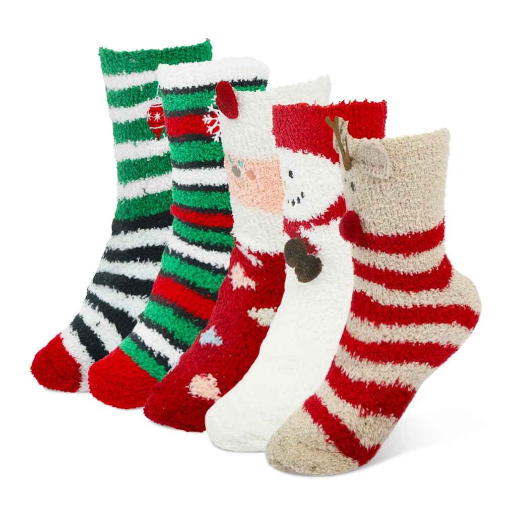 PALAY® 5 Pairs Christmas Women Socks Floor Socks for Girls Women Soft Coral Velvet Socks Winter Warm Socks Classic Christmas Socks Floor Socks Christmas Gift for Women
