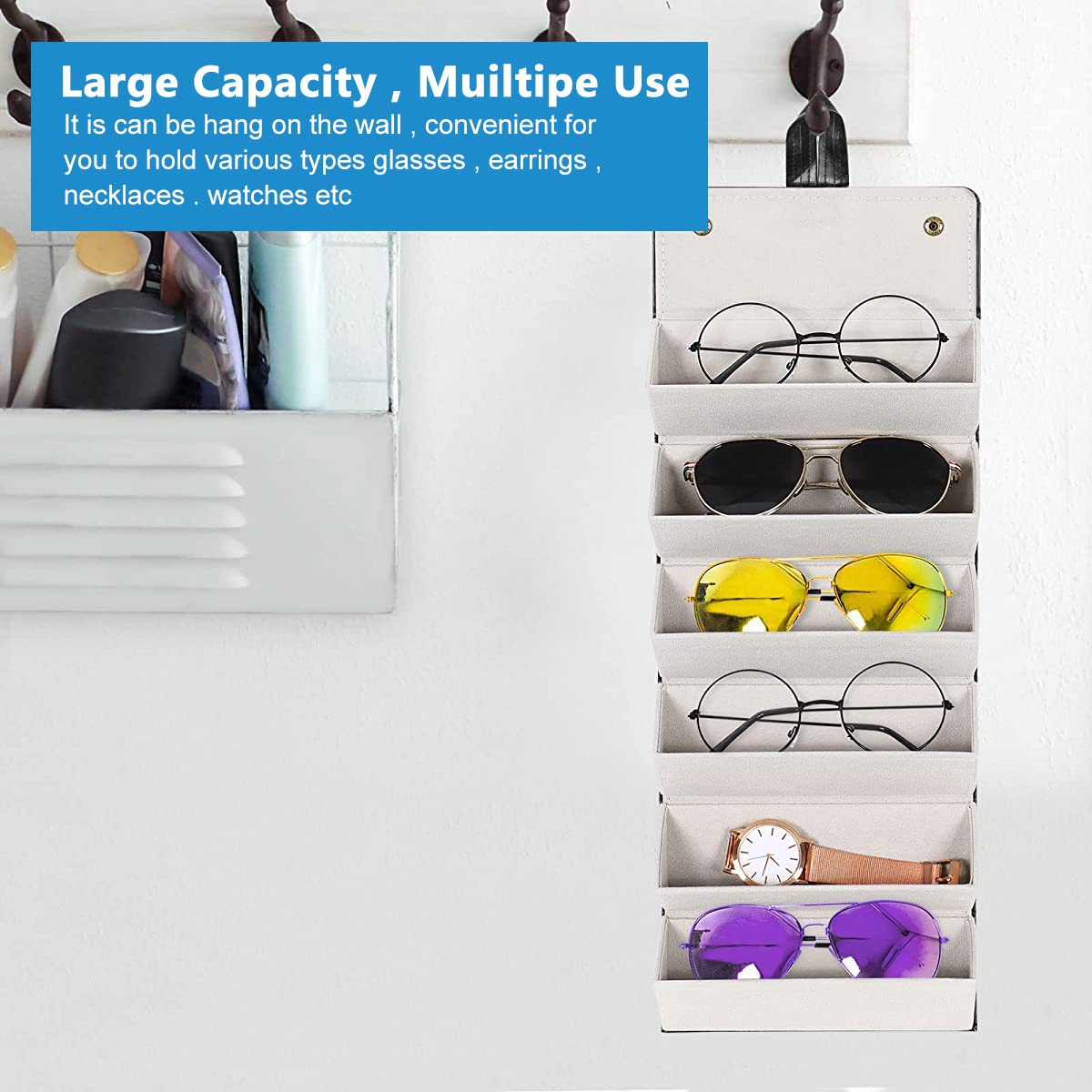 PALAY Sunglasses Organizer for 6 Pairs with Hanging and Folding Design in Brown | PU Leather Eyewear Storage Box