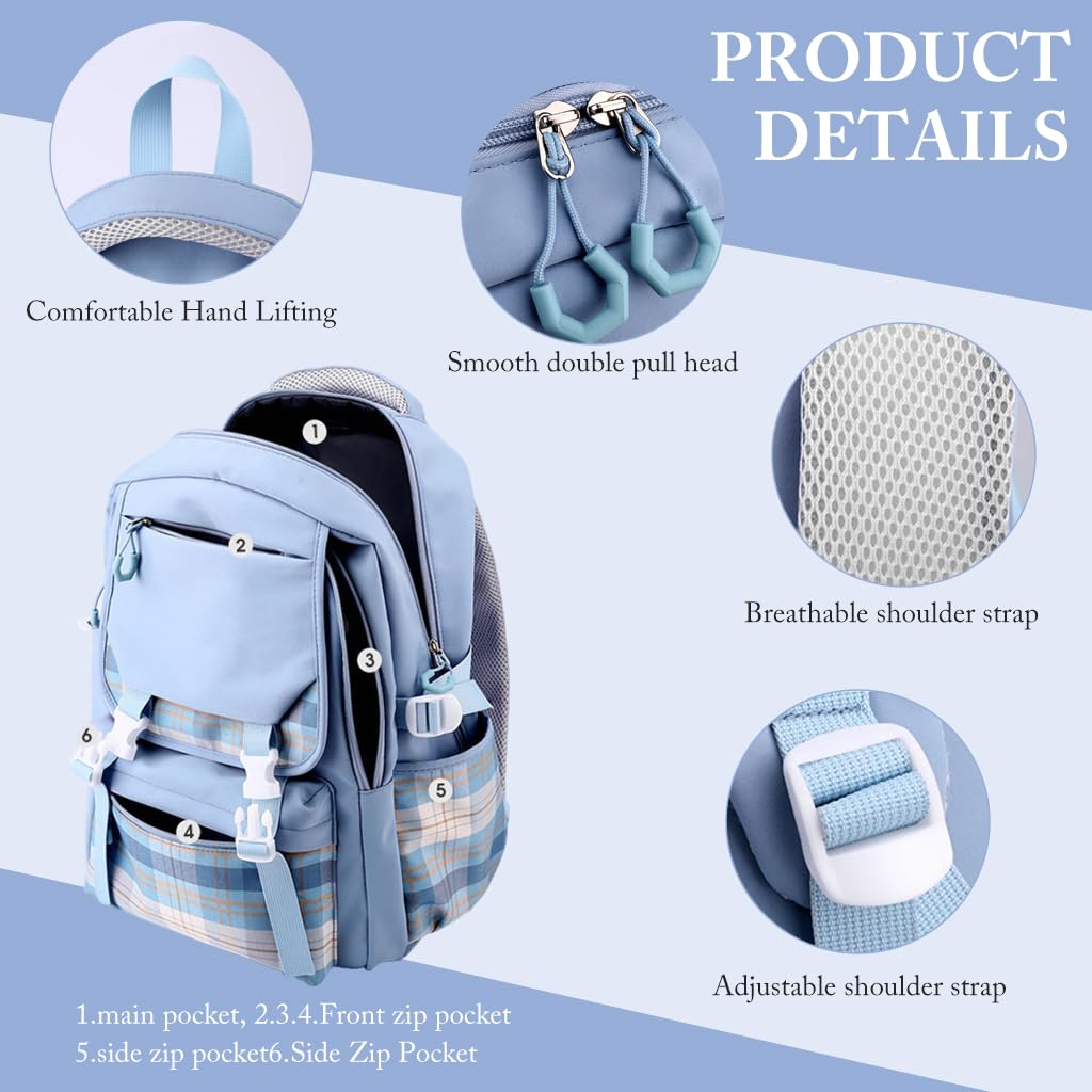 PALAY® School Backpack Fashion School Backpack for Girls Multi Compartments Blue Plaid Backpack Padded Handle & Shoulder Straps Burden-relief School BackpackTravel Backpack School Gifts for Girls