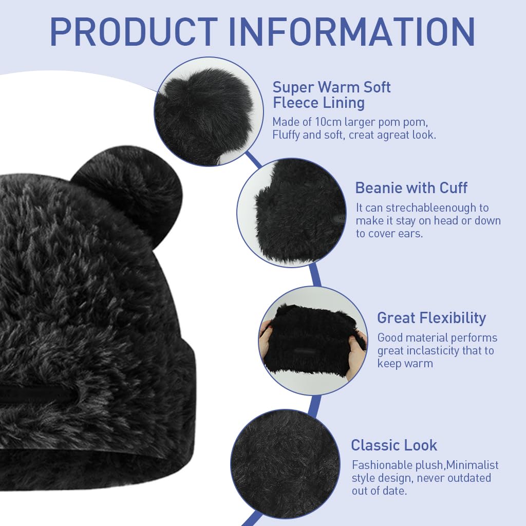 PALAY® Girls Winter Hat Soft Plush Warm Cute Bear Ear Hat Bear Beanie Hat Plush Bear Hat Kawaii Winter Hat for Girls Women, Black
