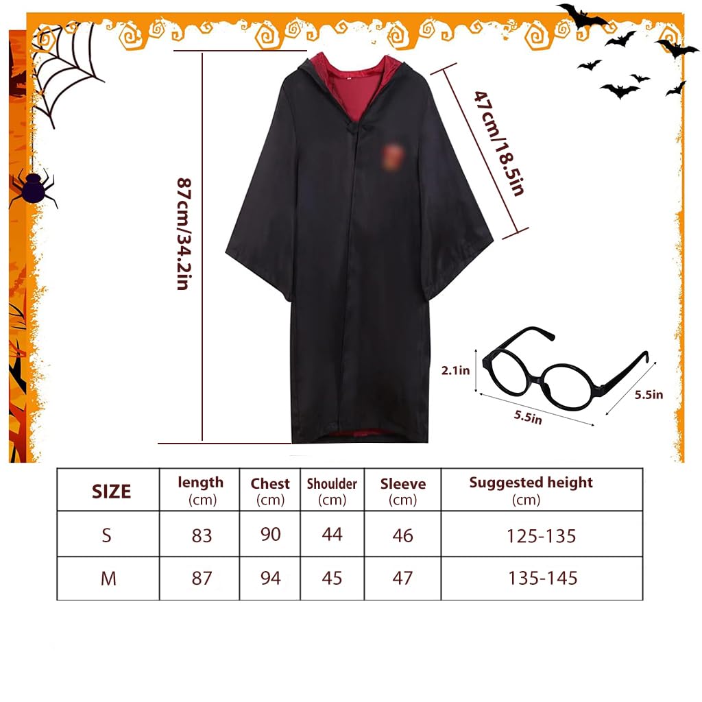 PALAY® Gryffindor Costume Set Halloween Costume Set of 5Pcs Magic Harry Pottery Costume Set with Glasses, Magic Wand, Robe, Scarf, Tie, Cosplay Costume For Kids 125-135 cm