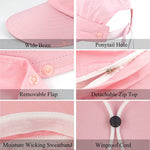 PALAY® Peach Powder Women Sun Wide Brim UV Protection Fishing Hat with Foldable Ponytail Summer Hats with Detachable Flaps