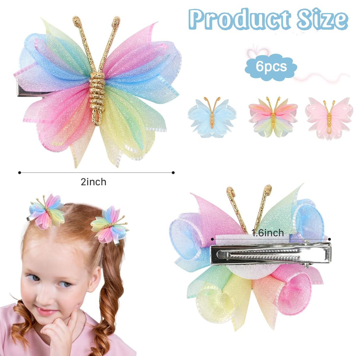 PALAY Hair Bows for Kids Girls featuring 6 Butterfly Clips 2 in each | Colorful Accessory Set