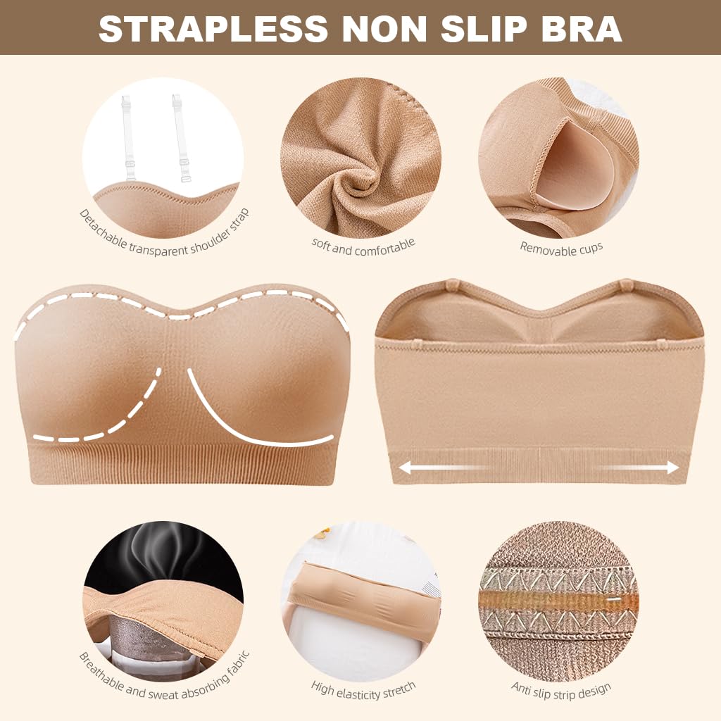 PALAY® Strapless Bra for Women Padded Non-strap Bra for Heavey Breast Off-Shoulder Bra Removable Breast Pads Design Non-slip Bra Casual Strapless Bra, M