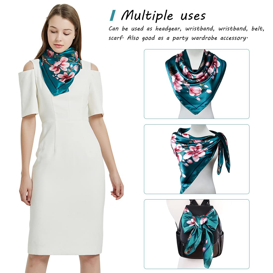 PALAY Silk Feel Satin Square Scarf for Women 35in | Green Print and Black for Hair Wrapping and DIY Crafts