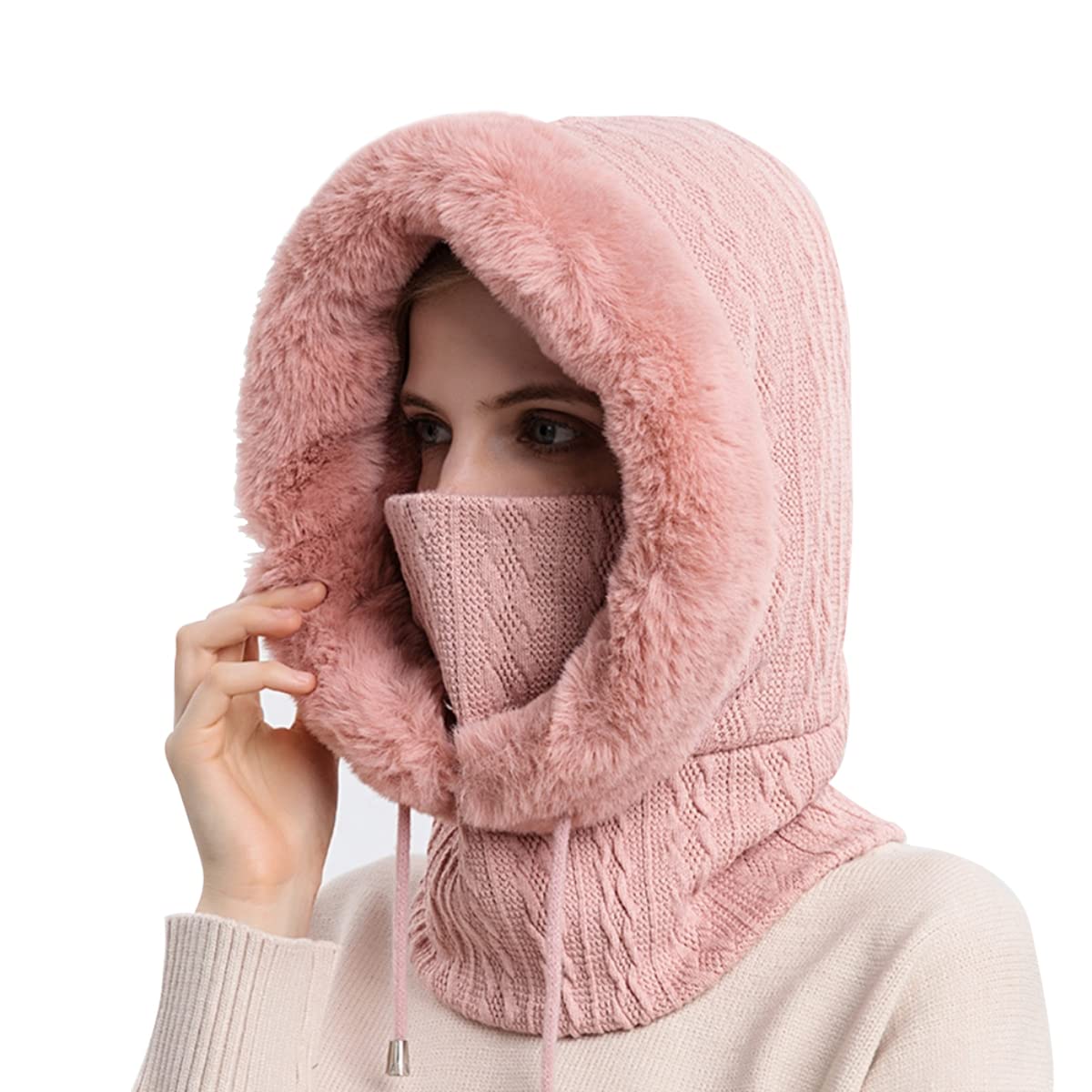PALAY Winter Cap for Women featuring 35cm Hood Height with Fleece Lined Neck Scarf & Mask | Pink