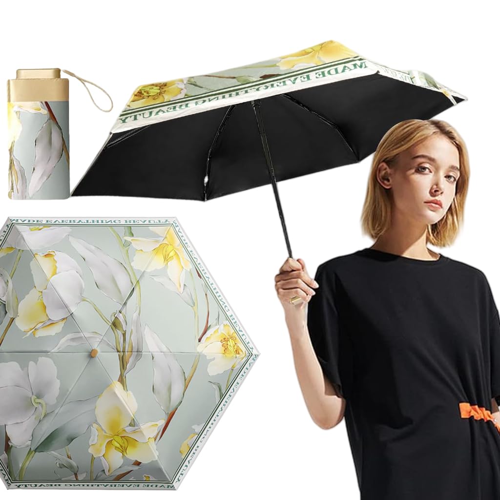 PALAY Women Sun Umbrella UPF 50+ for Travel with 6 Strong Ribs and Black Liner | Floral Foldable Design