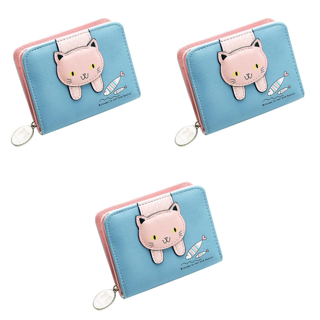 PALAY Small Wallets for Women with Zipper Coins Pocket and Rabbit Tassel Pendant Blue 3PCS