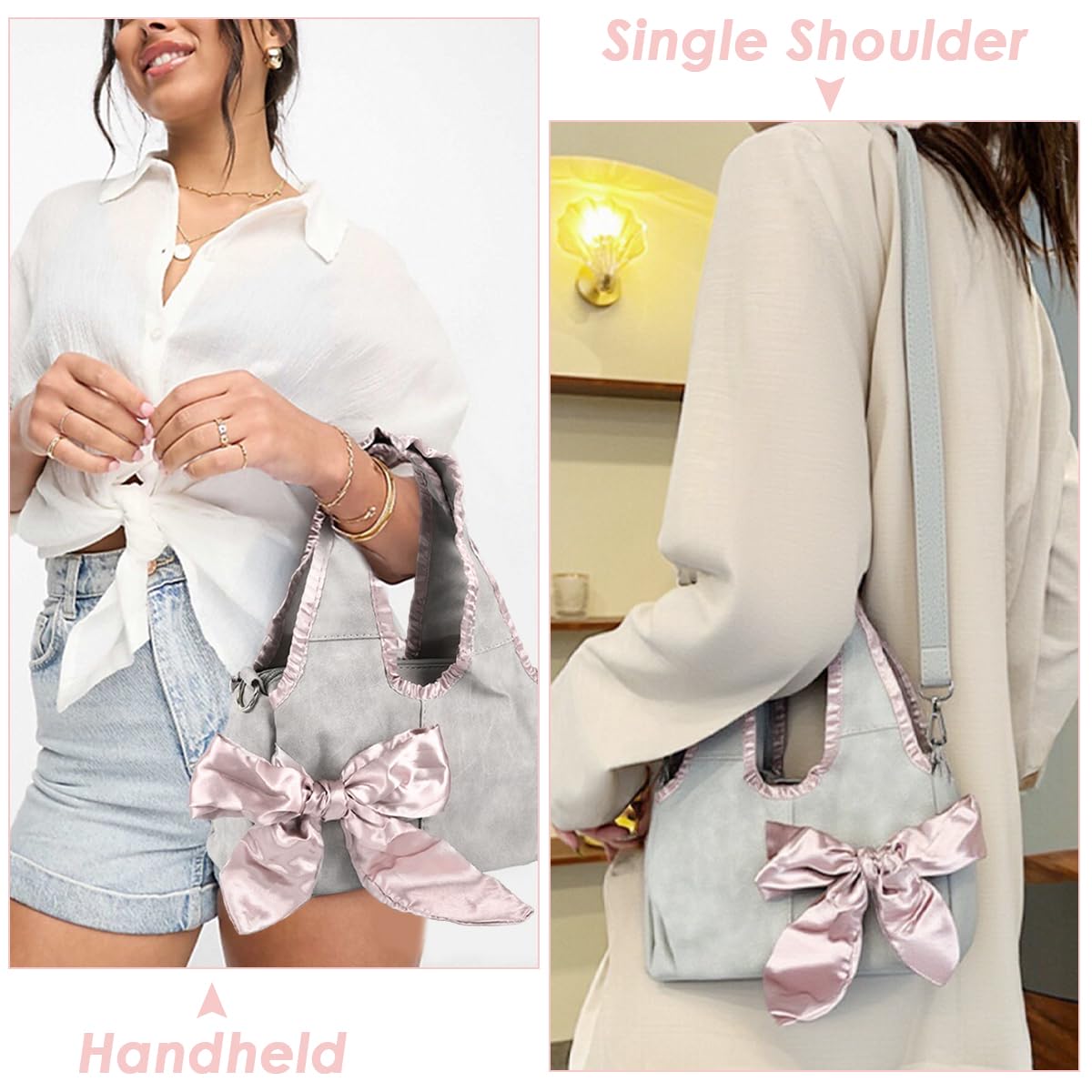 PALAY Handbag for Woman featuring 21x10x14cm compact size with zippered strap & PVC body | Grey Pink Bow Shoulder Bag