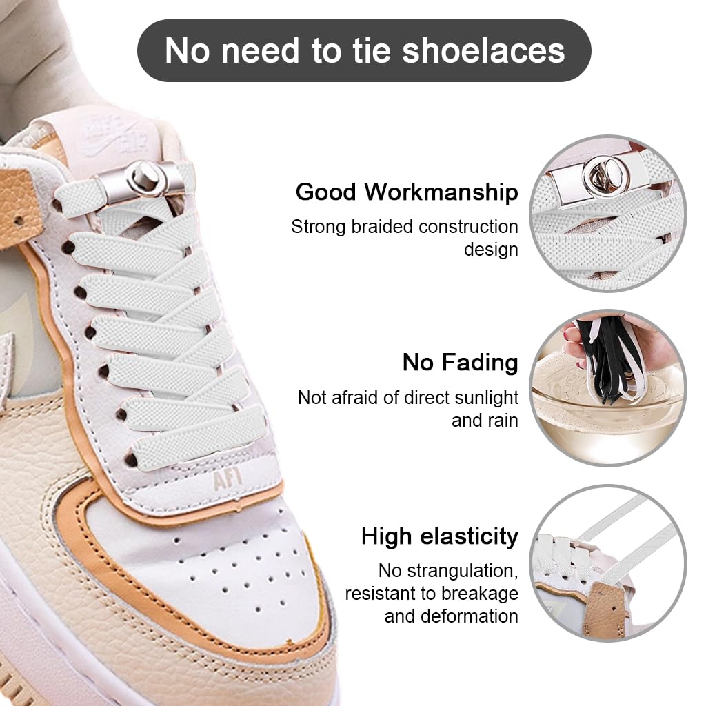 PALAY No Tie Shoelaces for Kids featuring Twistlock Metal Buckles and Elastic Nylon | Black and White 2 Pairs