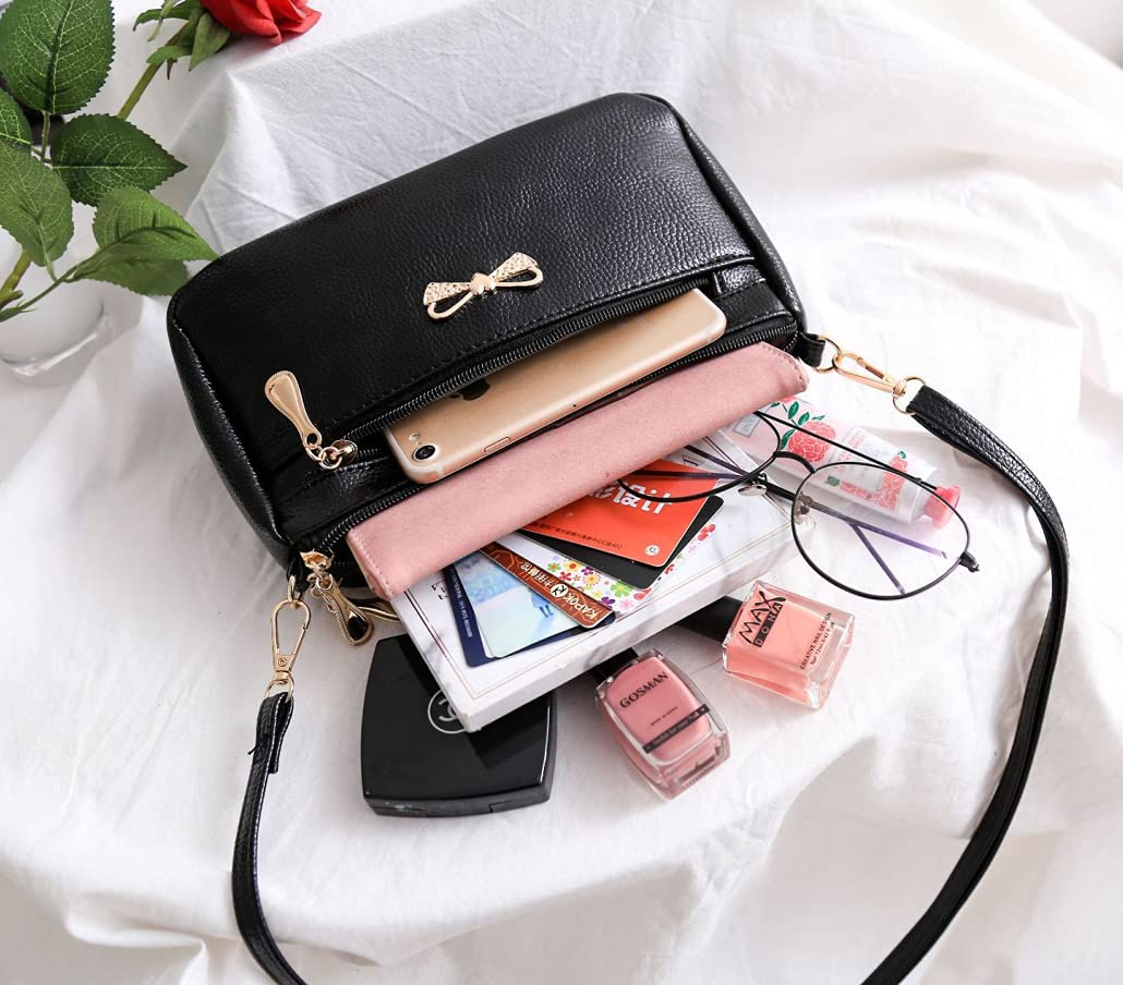 PALAY Small Crossbody Bag for Women with 4 Zipped Compartments 24×14×7cm Soft PU Leather Black