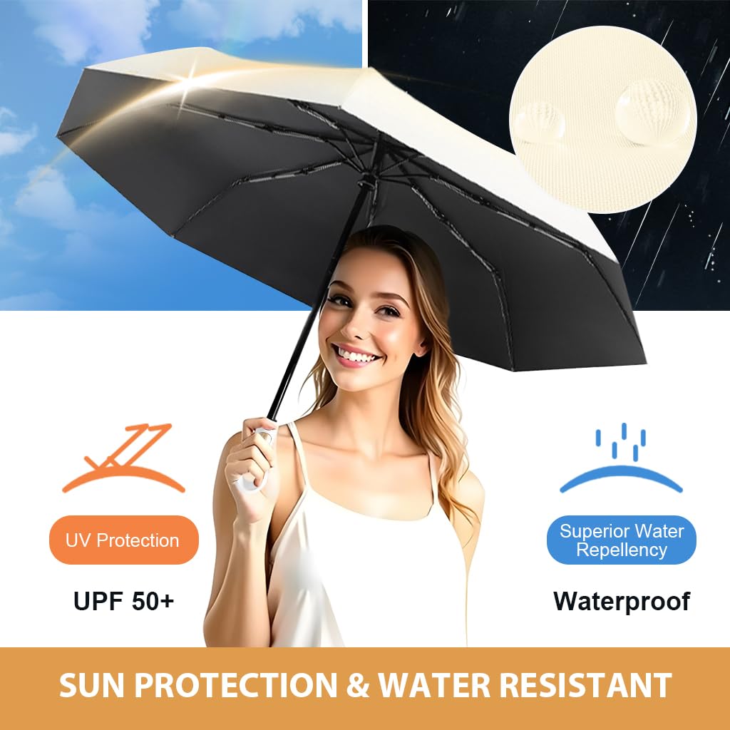 PALAY Sun Umbrella for Travel and Rain with 8 Fiberglass Ribs and Rubber Handle | Beige UV Protection