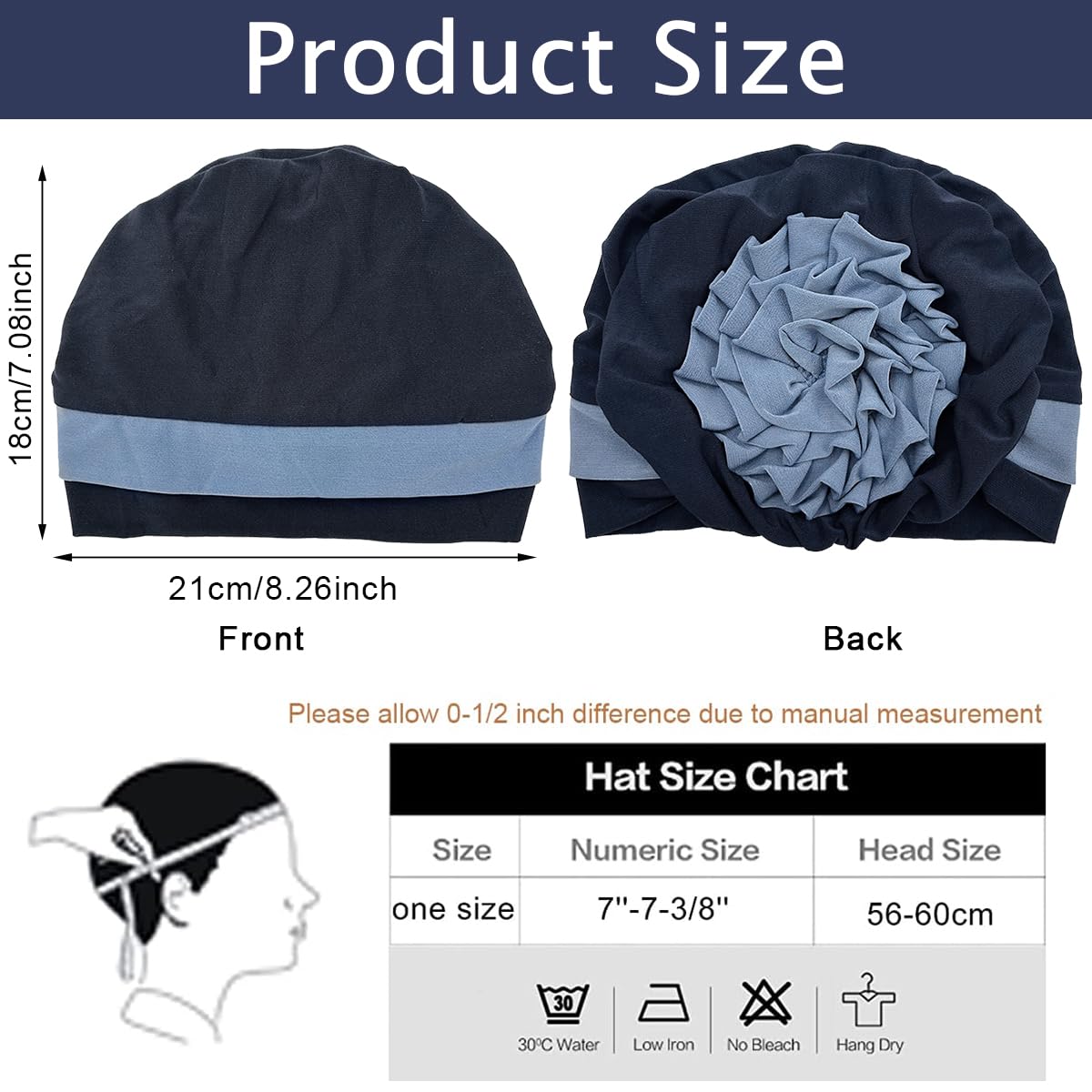 PALAY® Women Hair Wrap Head Wrap Grey Flower Hair Wrap Cap Turban Cap Slouchy Chemo Cap Head Wrap Hat for Women Sleep Hat Headwear, Navy