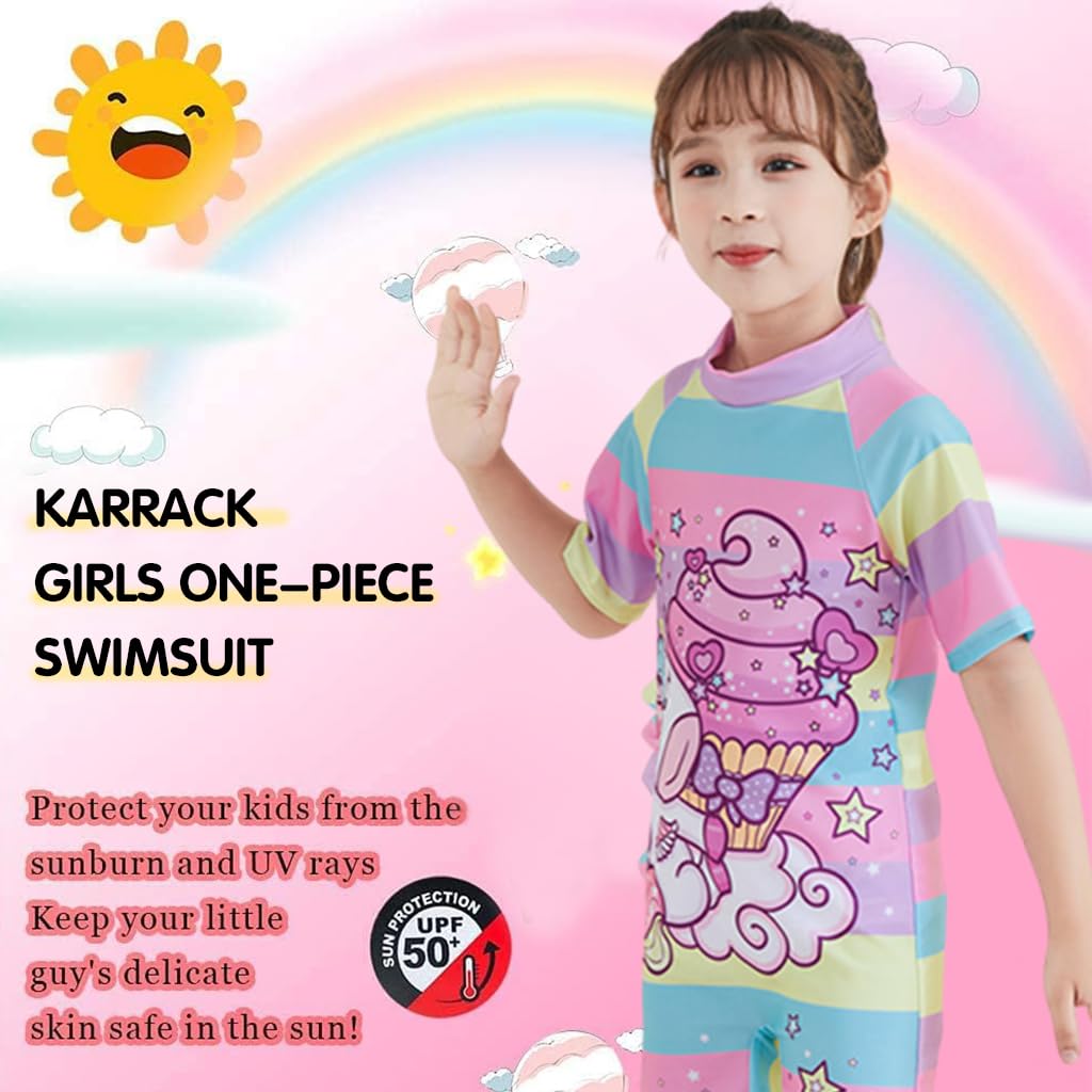 PALAY® Unicorn Swimming Costume For Kids Girls 6-8 Years Old, Multicolored Swim Suit for Kids Girls, One-Piece Cartoon Swimsuit for Girls with Swim Cap, Beachwear Kids Swimming Bathing Suit