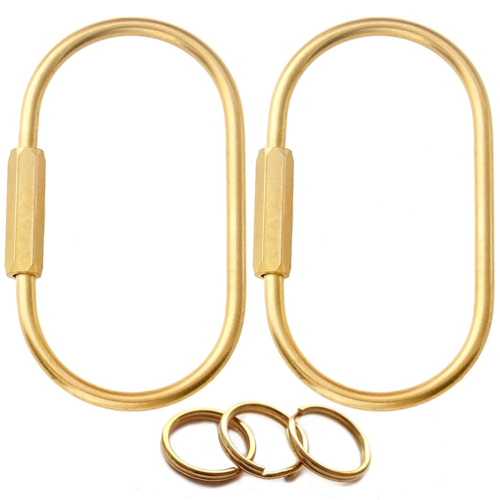 PALAY® 2Pcs Loop Buckles 2.36 inch Screw-lock Oval Carabiners Connection Lock Golden Copper Twist Lock D-Ring Multipurpose Carabiner Locks for Hanging & Securing, with 4 Keyring