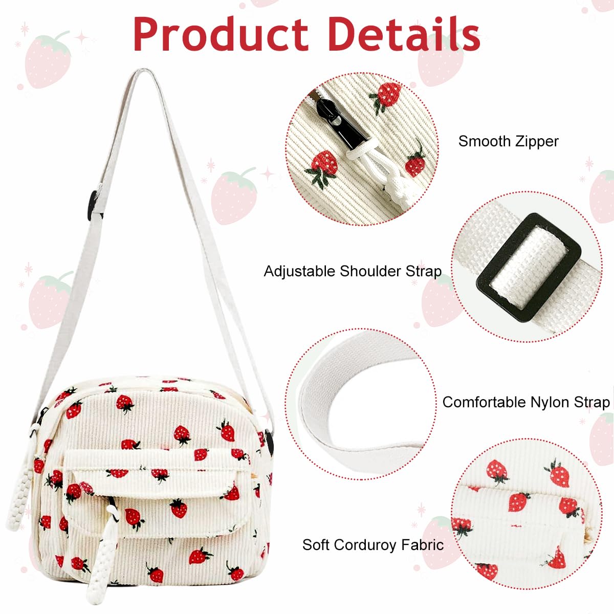 PALAY Purses for Women featuring 20x10x18cm corduroy body with strawberry motif | versatile crossbody sling