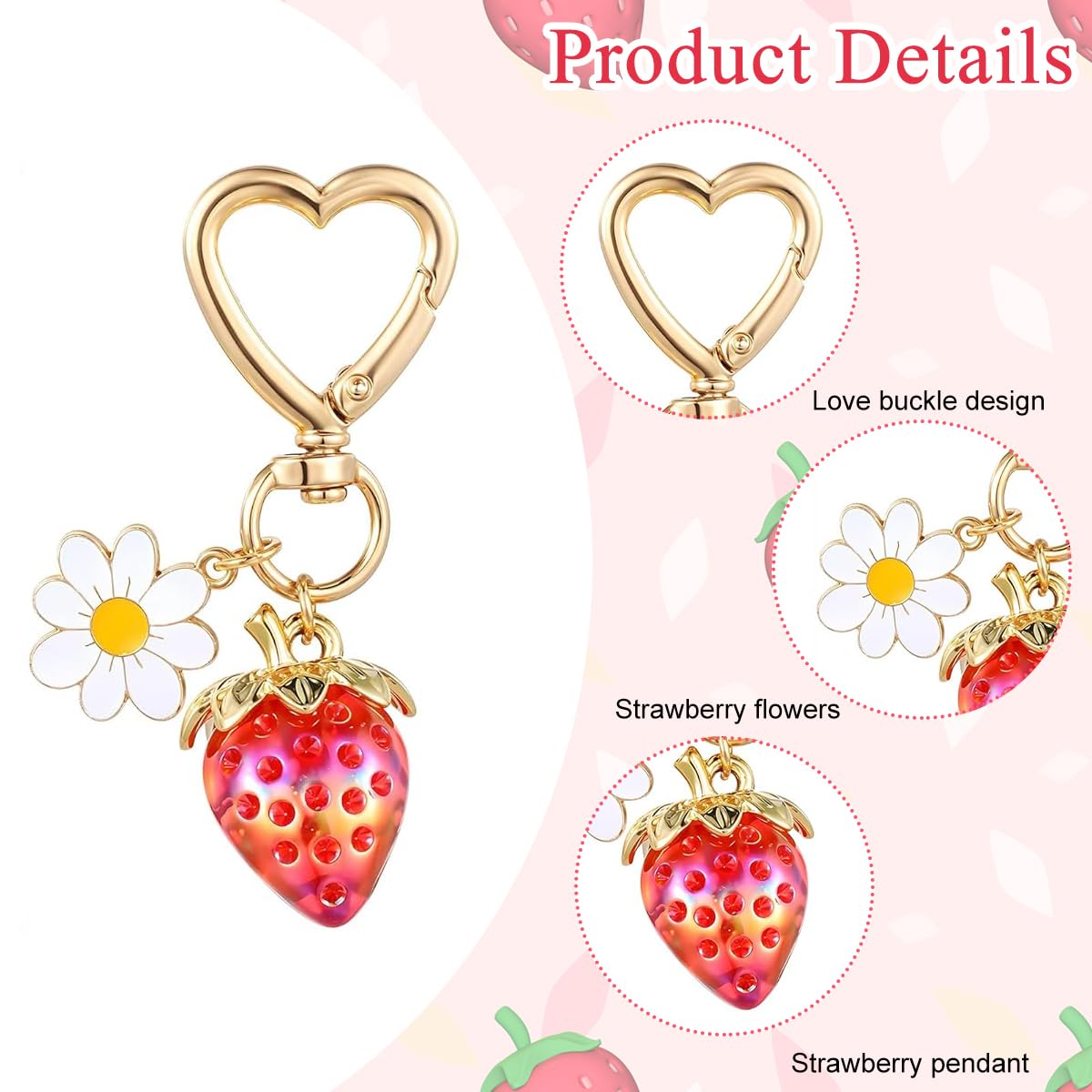 PALAY Strawberry Bag Charms Keychain for Handbags with Heart Carabiner and Flower Accent | 2 Pcs Gift Set for Women and Girls