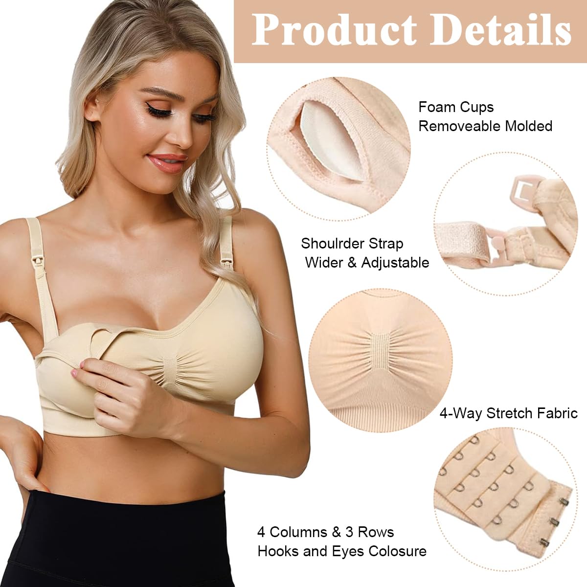 PALAY Nursing Bra for New Moms featuring Easy Release Clasp and Breathable Nylon Fabric, Beige